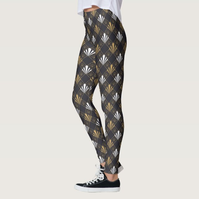 Modern Art Deco Black, White And Gold Fan Leggings (Left)