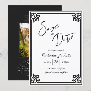 Modern Art Deco Black White Peacock Photo Wedding Save The Date