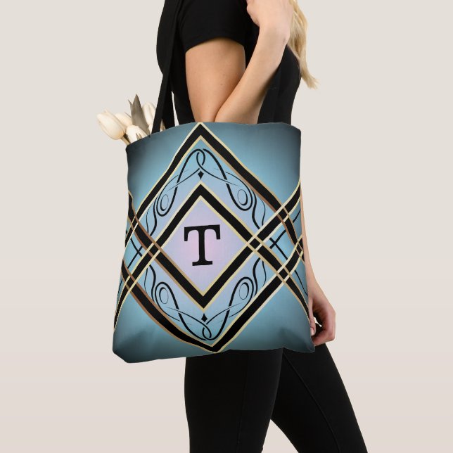 Modern Art Deco Blue Elegant Monogram  Tote Bag (Close Up)