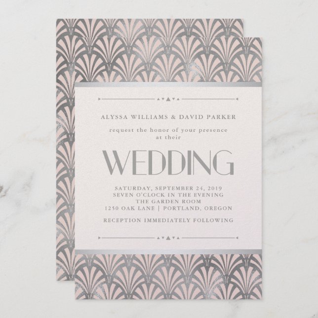 Modern Art Deco | Blush and Faux Silver Wedding Invitation (Front/Back)