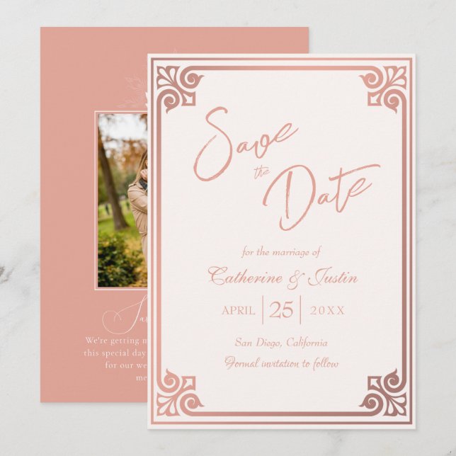 Modern Art Deco Blush Pink Peacock Photo Wedding Save The Date (Front/Back)