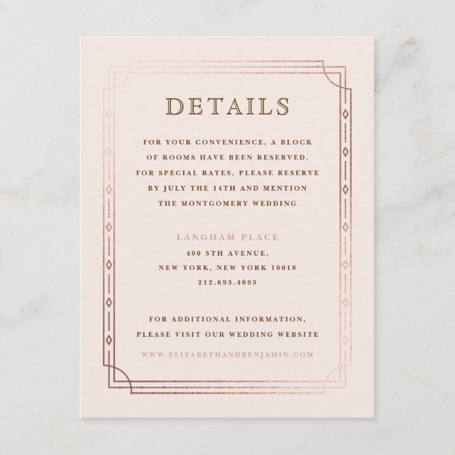 Modern Art Deco Blush Rose Gold Wedding Details Enclosure Card (Front)