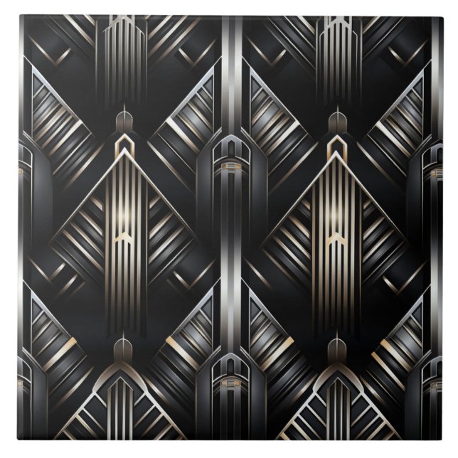 Modern Art Deco, Chiaroscuro, Gold and Black Ceramic Tile (Front)