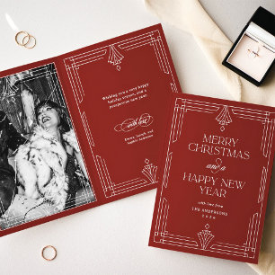 Modern Art Deco Christmas Photo Elegant Red Holiday Card