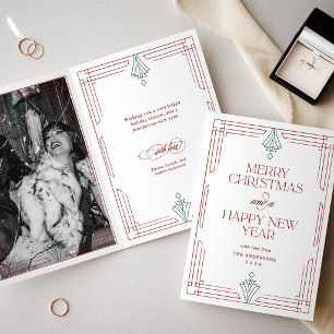 Modern Art Deco Christmas Photo White with Red Holiday Card
