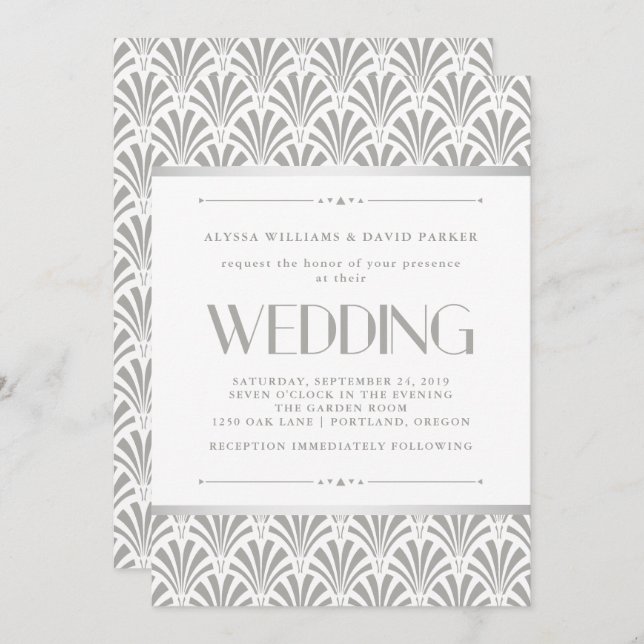 Modern Art Deco | Elegant Grey and White Wedding Invitation (Front/Back)
