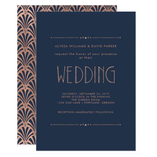 Modern Art Deco | Faux Rose Gold on Blue Wedding Card