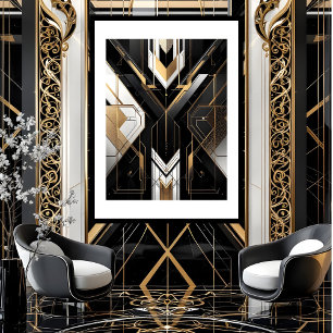 Modern Art Deco Geometric gold black white Poster