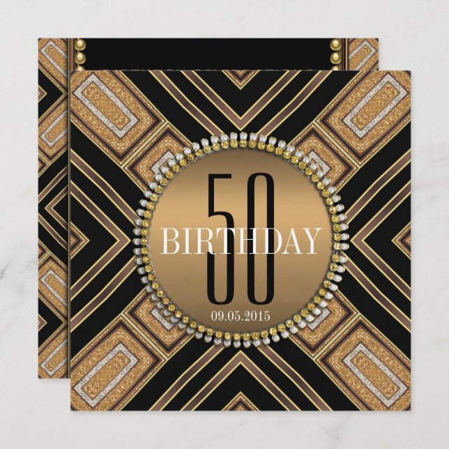 Modern Art Deco Gold 50th Birthday Invitation (Front/Back)