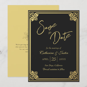 Modern Art Deco Gold Black Peacock Wedding Save The Date