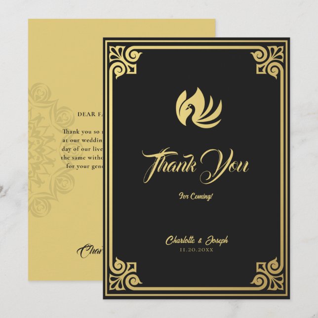 Modern Art Deco Gold Swan Wedding Thank You Card (Front/Back)