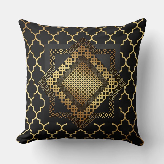 Modern Art Deco Golden Black Gold Geometric Cushion (Front)