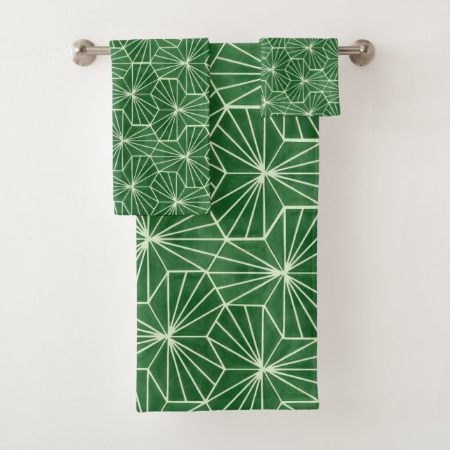 Modern Art Deco Lime Green Geometrical Pattern Bath Towel Set (Insitu)