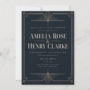 Modern Art Deco Midnight Black Tie Engagement Invi Invitation