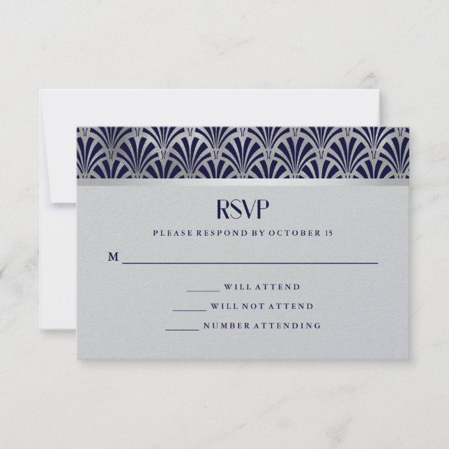 Modern Art Deco | Navy and Faux Silver RSVP Card (Front)