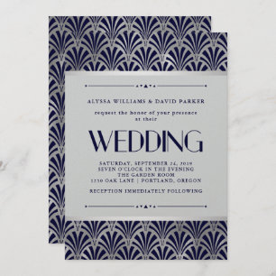 Modern Art Deco   Navy and Faux Silver Wedding Invitation