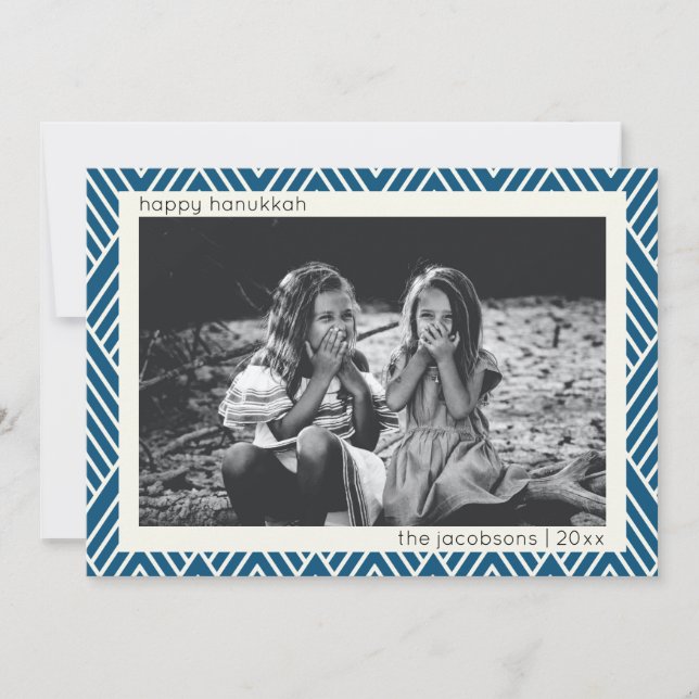 Modern Art Deco Pattern in Blue Hanukkah Photo Holiday Card (Front)
