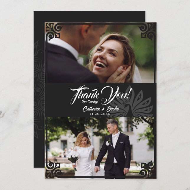Modern Art Deco Peacock Black 2 Photo Wedding Thank You Card (Front/Back)