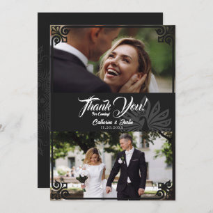 Modern Art Deco Peacock Black 2 Photo Wedding Thank You Card