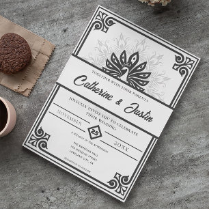 Modern Art Deco Peacock Black and White Wedding Invitation