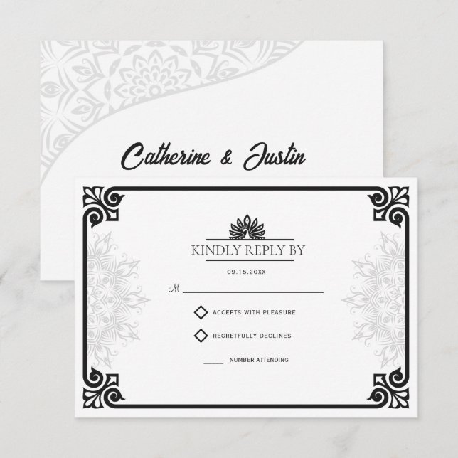 Modern Art Deco Peacock Black and White Wedding RSVP Card (Front/Back)