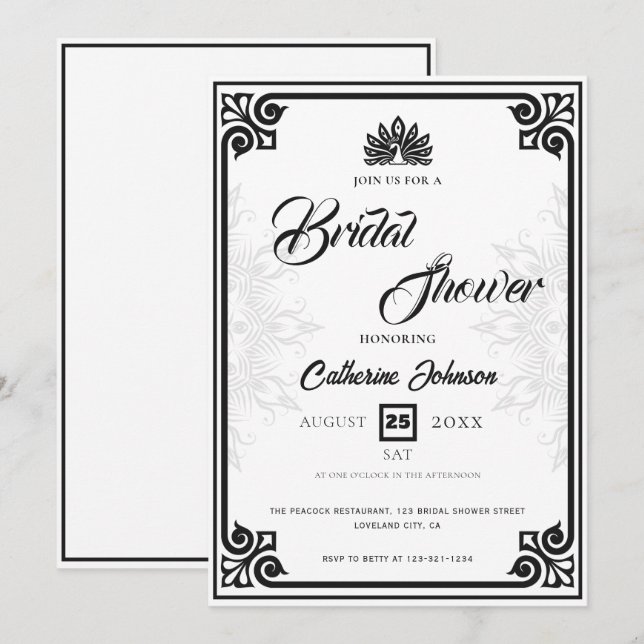 Modern Art Deco Peacock Black White Bridal Shower Invitation (Front/Back)