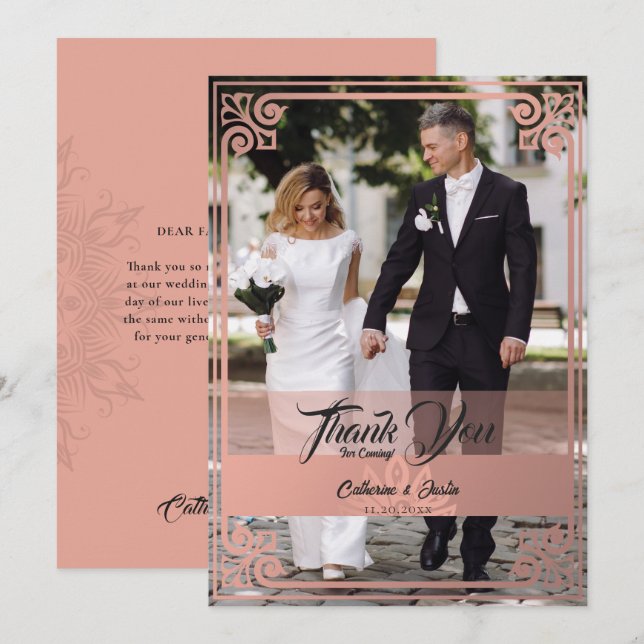 Modern Art Deco Peacock Blush Pink Photo Wedding Thank You Card (Front/Back)