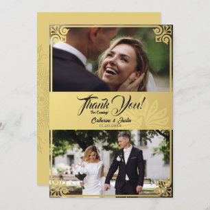 Modern Art Deco Peacock Gold 2 Photo Wedding Thank You Card