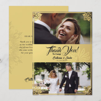 Modern Art Deco Peacock Gold 2 Photo Wedding Thank You Card