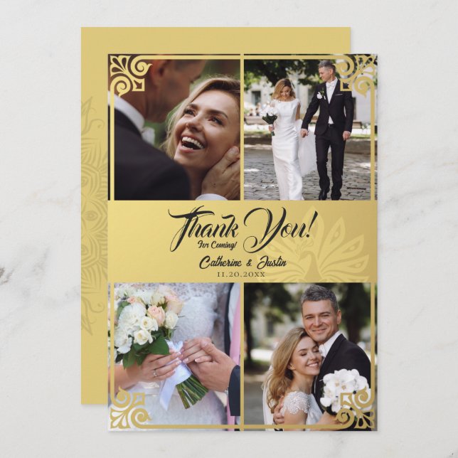 Modern Art Deco Peacock Gold 4 Photo Wedding Thank You Card (Front/Back)