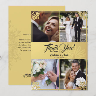 Modern Art Deco Peacock Gold 4 Photo Wedding Thank You Card