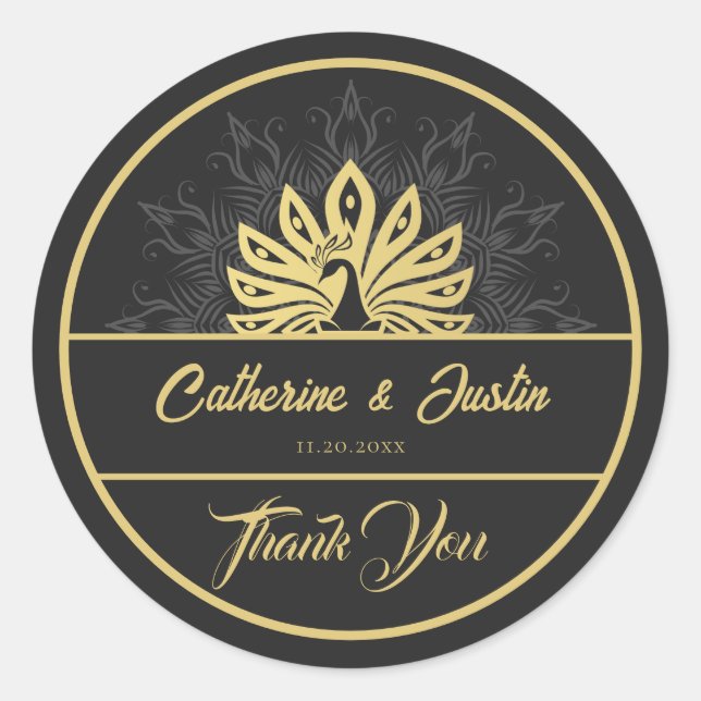 Modern Art Deco Peacock Gold and Black Wedding Classic Round Sticker (Front)
