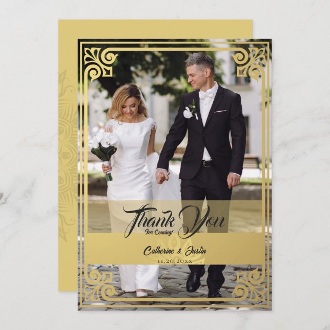 Modern Art Deco Peacock Gold & Black Photo Wedding Thank You Card (Front/Back)