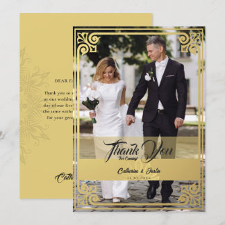 Modern Art Deco Peacock Gold & Black Photo Wedding Thank You Card
