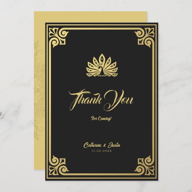 Modern Art Deco Peacock Gold & Black Wedding Thank You Card (Front/Back)