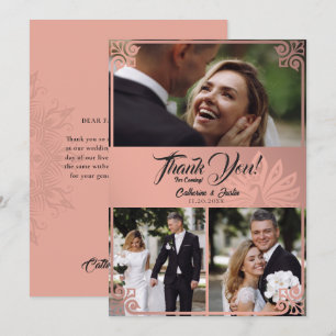 Modern Art Deco Peacock Pink 3 Photo Wedding Thank You Card