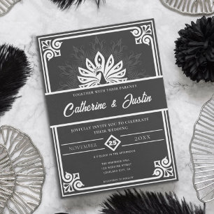 Modern Art Deco Peacock White and Black Wedding Invitation