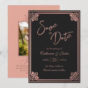 Modern Art Deco Pink Black Peacock Photo Wedding Save The Date