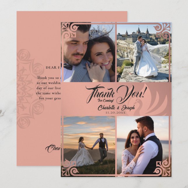 Modern Art Deco Pink Swan 4 Photo Wedding Thank You Card (Front/Back)
