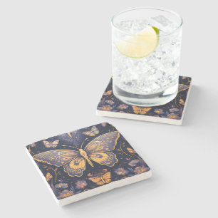 Modern Art Deco Purple Blue Gold Butterfly Stone Coaster