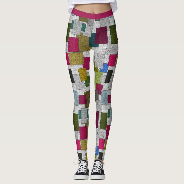 Modern Art Deco Purple Grey Geometric Pattern Yoga Leggings (Front)