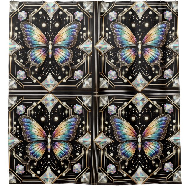 Modern Art Deco Rainbow Butterfly Shower Curtain (Front)