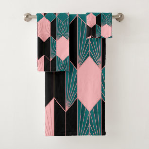 Modern Art Deco Style Pink and Teal Bath Towel Set