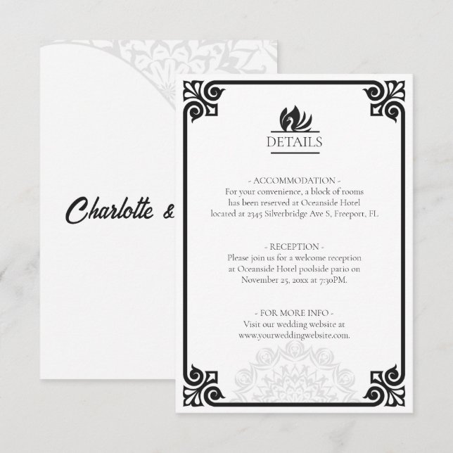 Modern Art Deco Swan Black and White Details Enclosure Card (Front/Back)