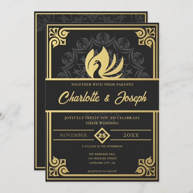 Modern Art Deco Swan Gold and Black Wedding Invitation (Front/Back)