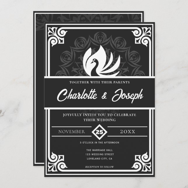 Modern Art Deco Swan White and Black Wedding Invitation (Front/Back)