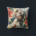 Modern Art Deco Wedding Couple Illustration Cushion<br><div class="desc">This striking modern Art Deco style illustration captures the romantic moment between a bride and groom on their wedding day. The artwork combines bold geometric shapes, expressive color splashes, and elegant vintage influences to create a dramatic and stylish composition full of movement and emotion. The design features a newlywed couple...</div>