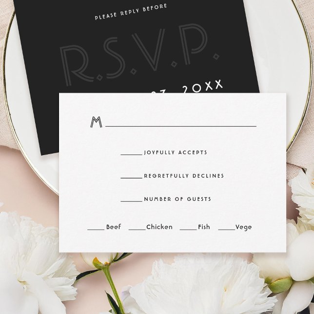 Modern Art Deco Wedding Invitation RSVP Card Black (Creator Uploaded)