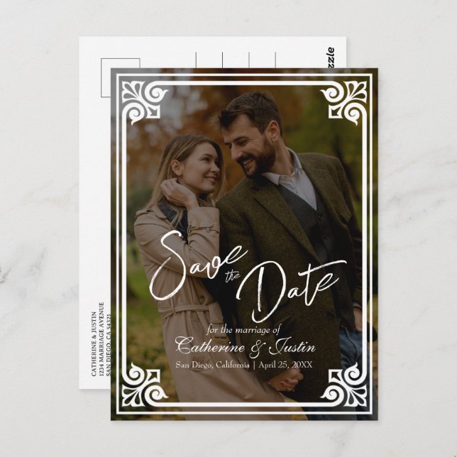 Modern Art Deco White Peacock Photo Save The Date Postcard (Front/Back)