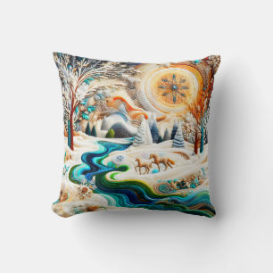 Modern Art Embroidered Horses in Winter Landscape  Cushion